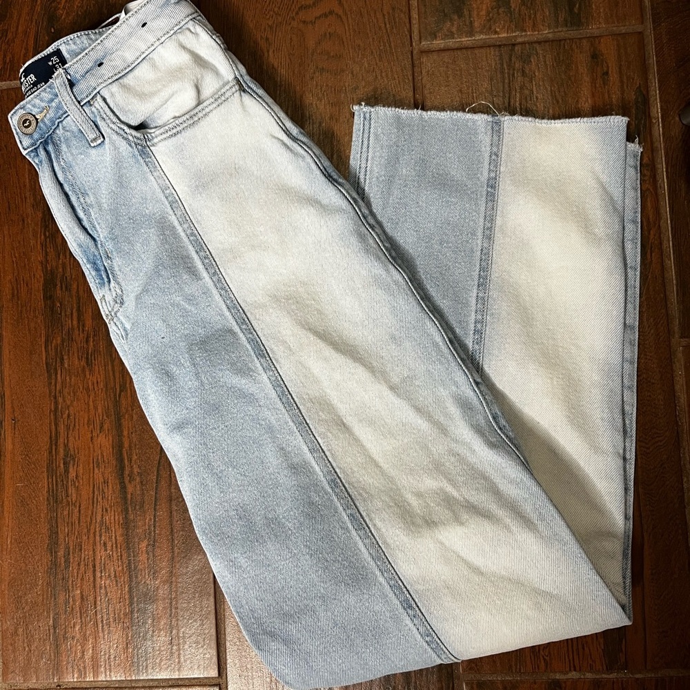 Hollister Two Toned Denim Blue and White Ultra High Rise Dad Jeans